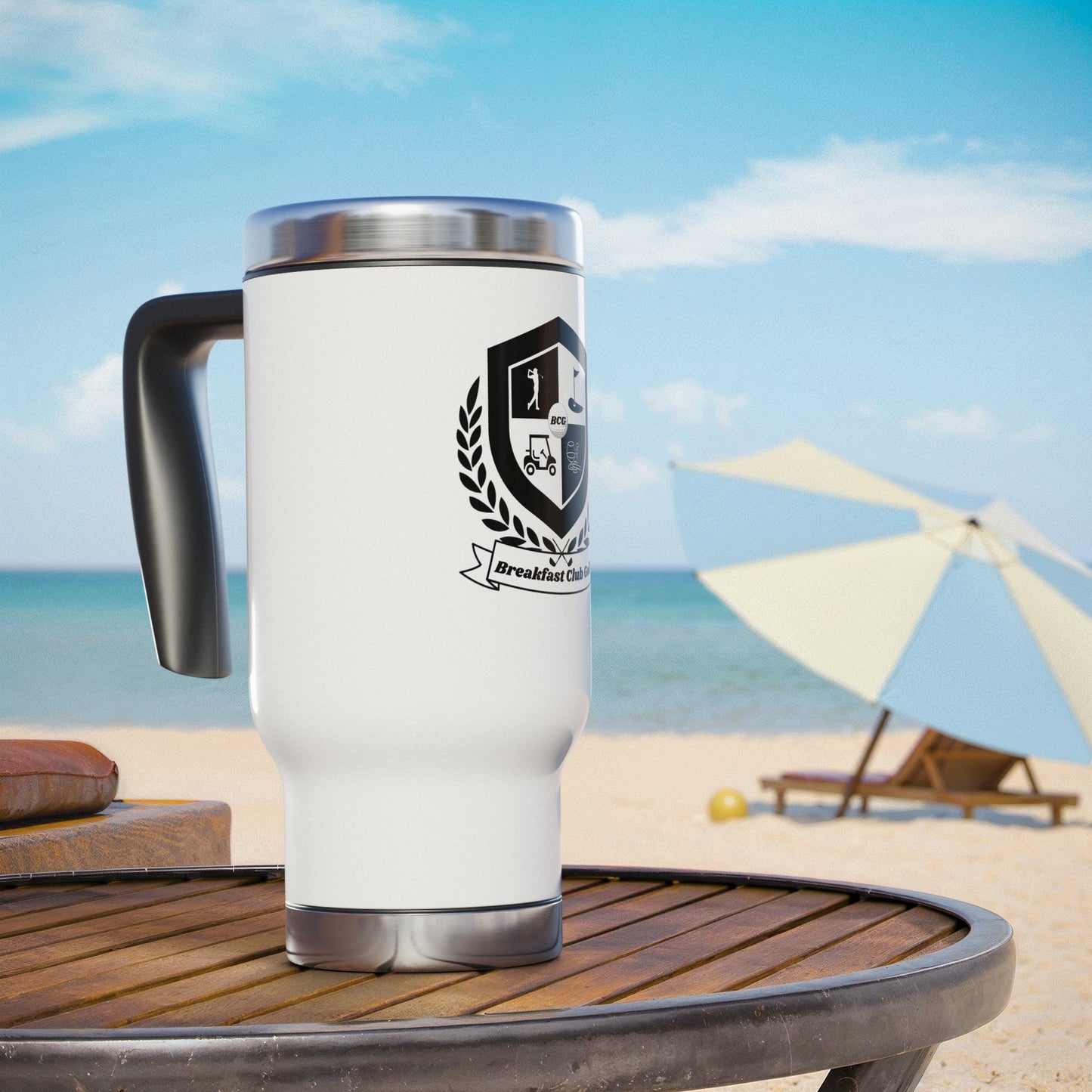 The "CJ" Breakfast Club Golf Travel Mug. "Black Tees" Logo. Stainless Steel Travel Mug with Handle, 14oz