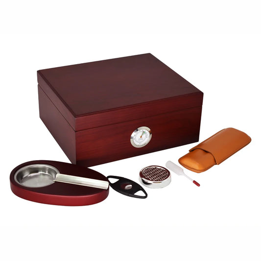 Cedar Wood Humidor Smoking Sets Cherry Black Cigar Storage Box with Cigar Ashtray Cutter Leather Case Gift Sets