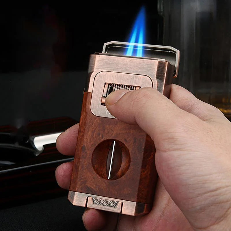 2024 Unique Cigar Lighter With V Cutter Cigar Holder Double Jet Flame Butane Refillable Torch Lighter Luxury Cigar Accessories