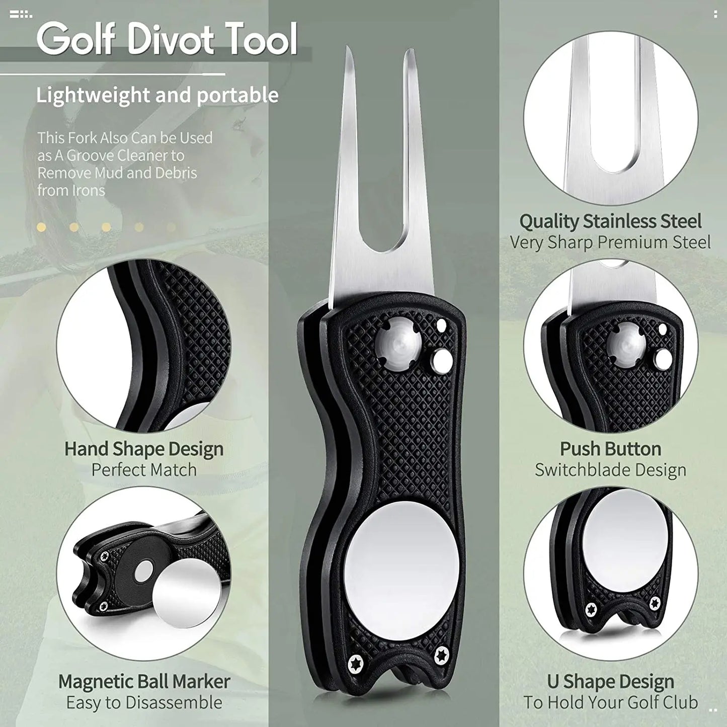 Foldable Golf Divot Repair Tool with Golf Ball Tool Pitch Groove Cleaner Golf Accessories Putting Green Fork Golf Training Aids