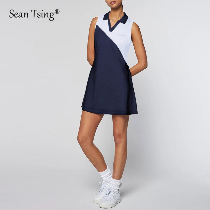 Golf Tennis Dresses with Shorts Women Sleeveless Turn-Down Collar