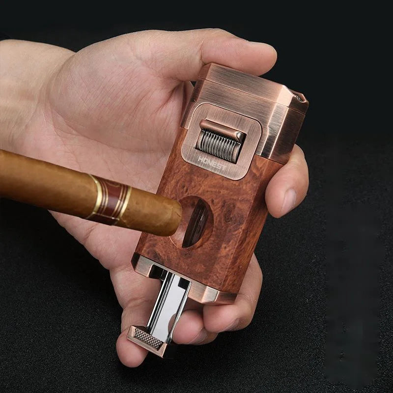 2024 Unique Cigar Lighter With V Cutter Cigar Holder Double Jet Flame Butane Refillable Torch Lighter Luxury Cigar Accessories